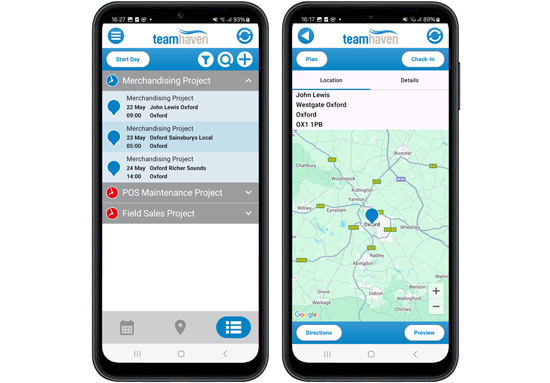 Two phones showing calendar and map on TeamHaven Mobile app